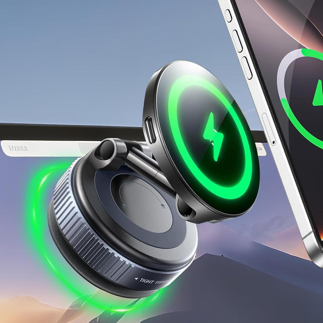15W for Magsafe Car Mount Charger, Twist to Lock Suction Cup Phone Mount, 360 Vacuum Magnetic Car Phone Holder Wireless Charging, for iPhone 12-17 Series, Pixel 10 & Samsung