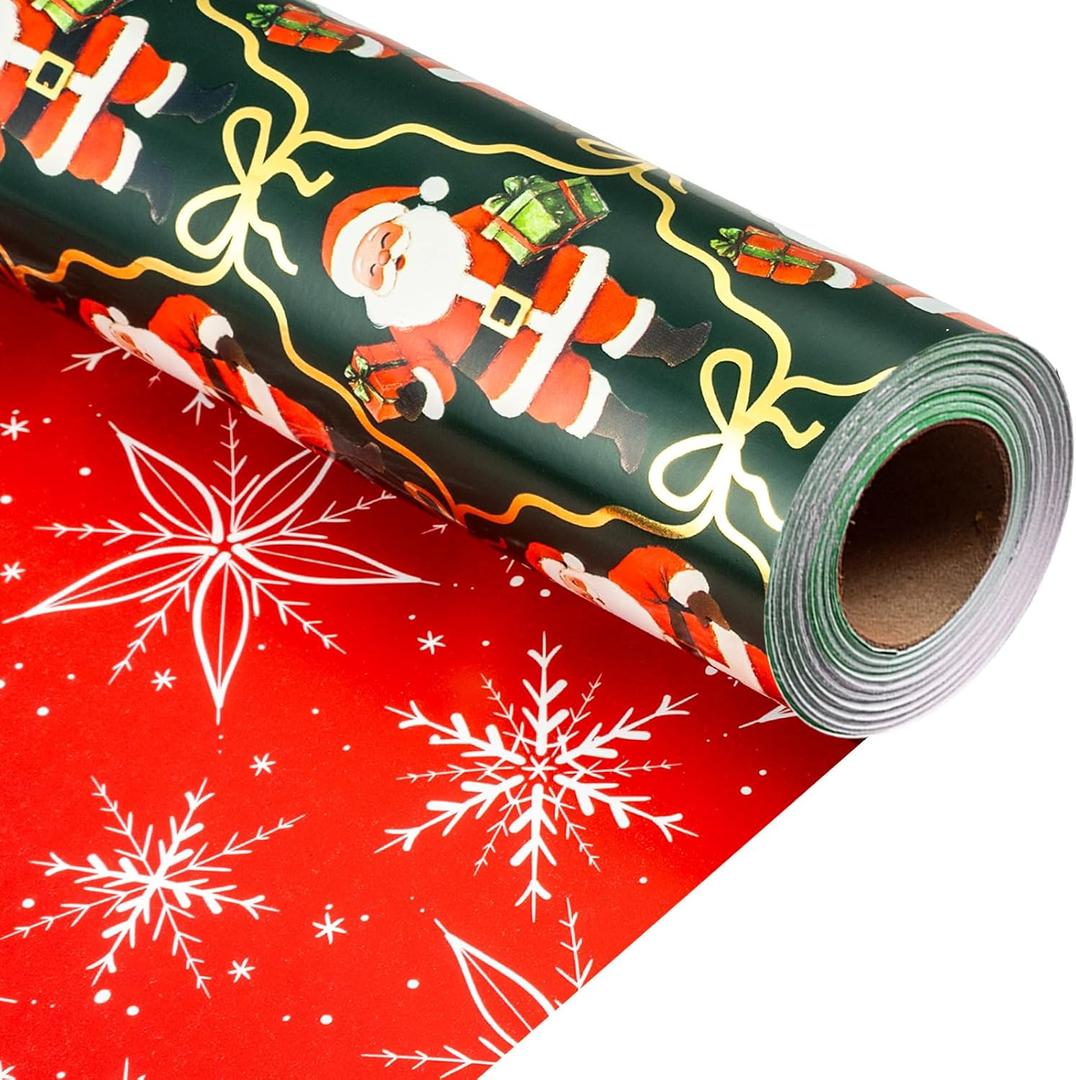 Flyhill Reversible Christmas Wrapping Paper Roll-17 Inch X 33 Feet - Gold Foil with Santa Claus,Fireplace,Christmas Trees Gift wrap Suitable for Chrsitmas, Holiday, Party,Celebration