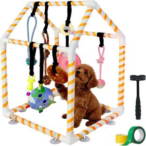 Puppy Play Gym for Small Dogs, Dog Jungle Gym with 8 Hanging Toys & Bungee Straps PVC Frame Indoor Jungle Activity Center Interactive Enrichment Puppy Toys to Keep Them Busy