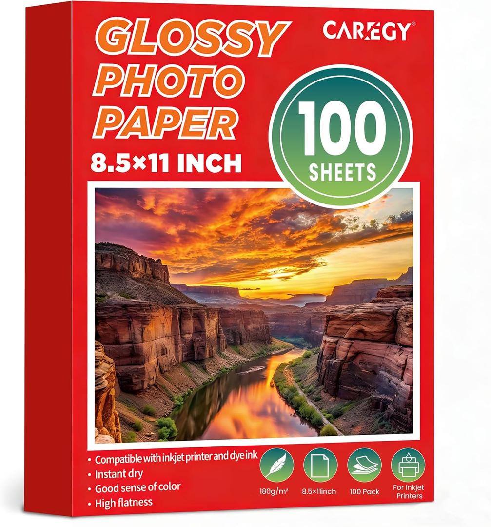 CAREGY 100 Sheets Glossy Photo Paper 8.5 x 11 Inches, Inkjet Photo Printer Paper,Compatible with Inkjet Printer Use Dye Ink,Professional Picture Paper(180gsm/48lb)