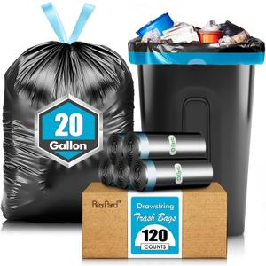 20 Gallon Large Drawstring Trash Bags Fit 20-21 Gal, 120 Counts Heavy Duty Tall Kitchen Garbage Liners, Large Trash Bags Size Chart for Home, Office, Outdoor Lawn and Leaf Bags, Black
