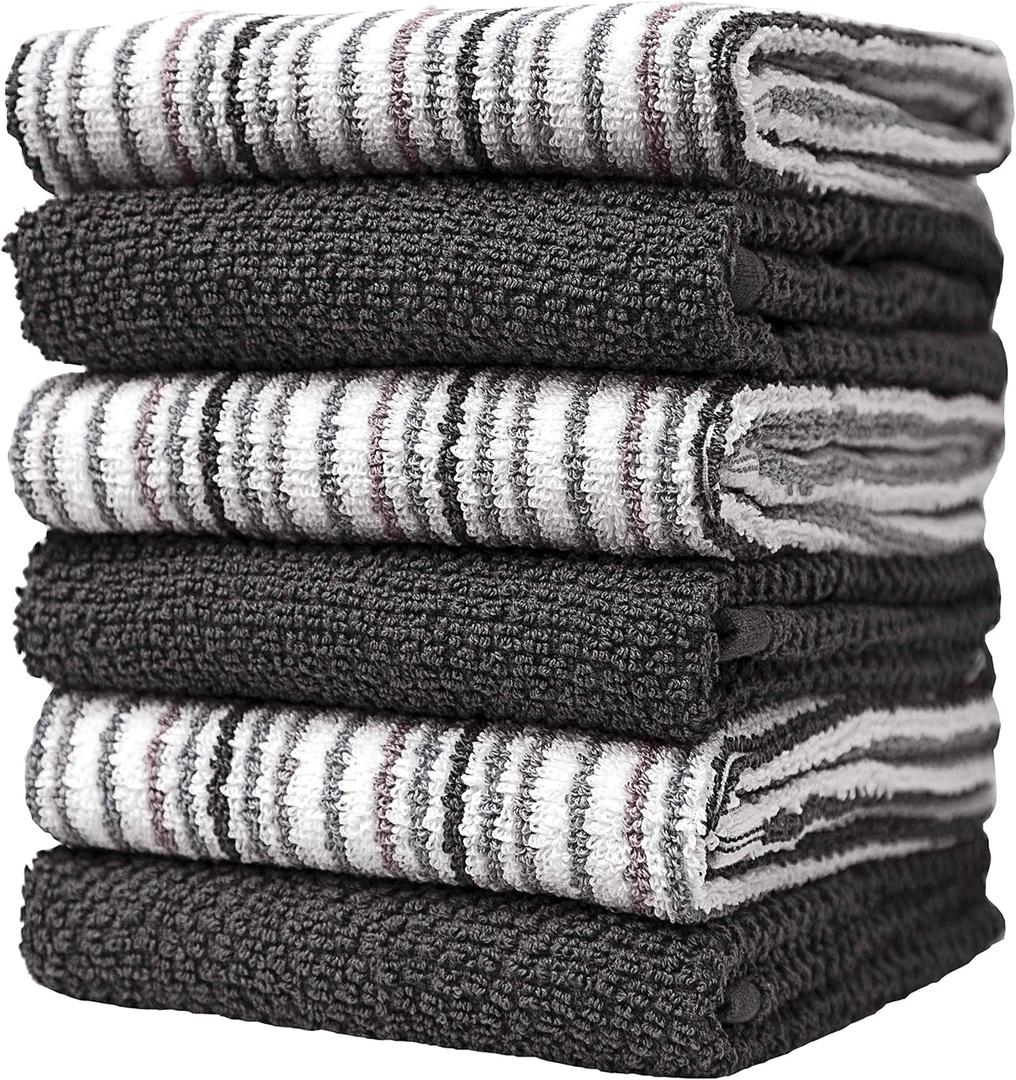 Premium Kitchen Towels (16x 26, 6 Pack)  Large Cotton Kitchen Hand Towels Popcorn Stripe Design  400 GSM Highly Absorbent Tea Towels Set with Hanging Loop (Grey) (Kitchen Towel Set)