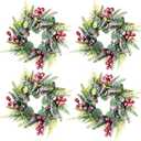 4 Pcs Christmas Mini Wreaths Candle Rings Wreath Artificial Xmas Cabinet Decoration Snowies Norfolk Pine Garland Red Berry Pinecones Advent Winter Greenery Holiday Decor Accent for Table Centerpiece