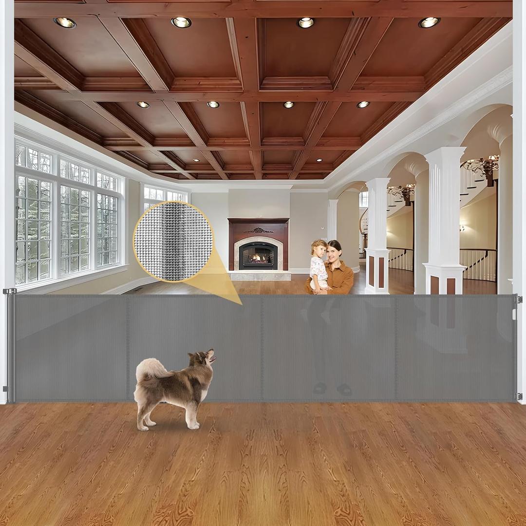 Reinforced 42" Tall Baby Gates for Dogs with Support Rods - Prevent Crawling Under, 175" Extra Wide Baby Gates for Large Openings, Tall Retractable Gate Indoor Large Dog Gate Outdoor Deck Gate, Gray