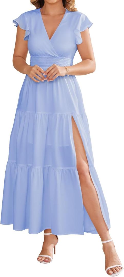Summer Split Tiered Dress - A-Line Flowy Tiered Maxi Dress : 2025 Causal Wrap V Neck Ruffle Sleeve Beach Sundress(Blue) L