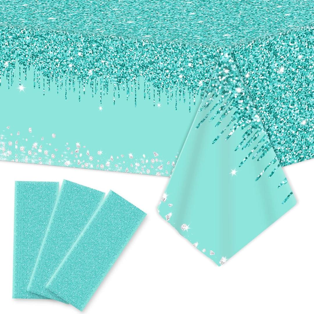 3 Pieces Teal and Silver Tablecloths for Happy Birthday Party Decoration Plastic Disposable Breakfast Blue Birthday Theme Table Covers for Girl Women Silver Glitter Birthday Party Supply, 54x108 Inch