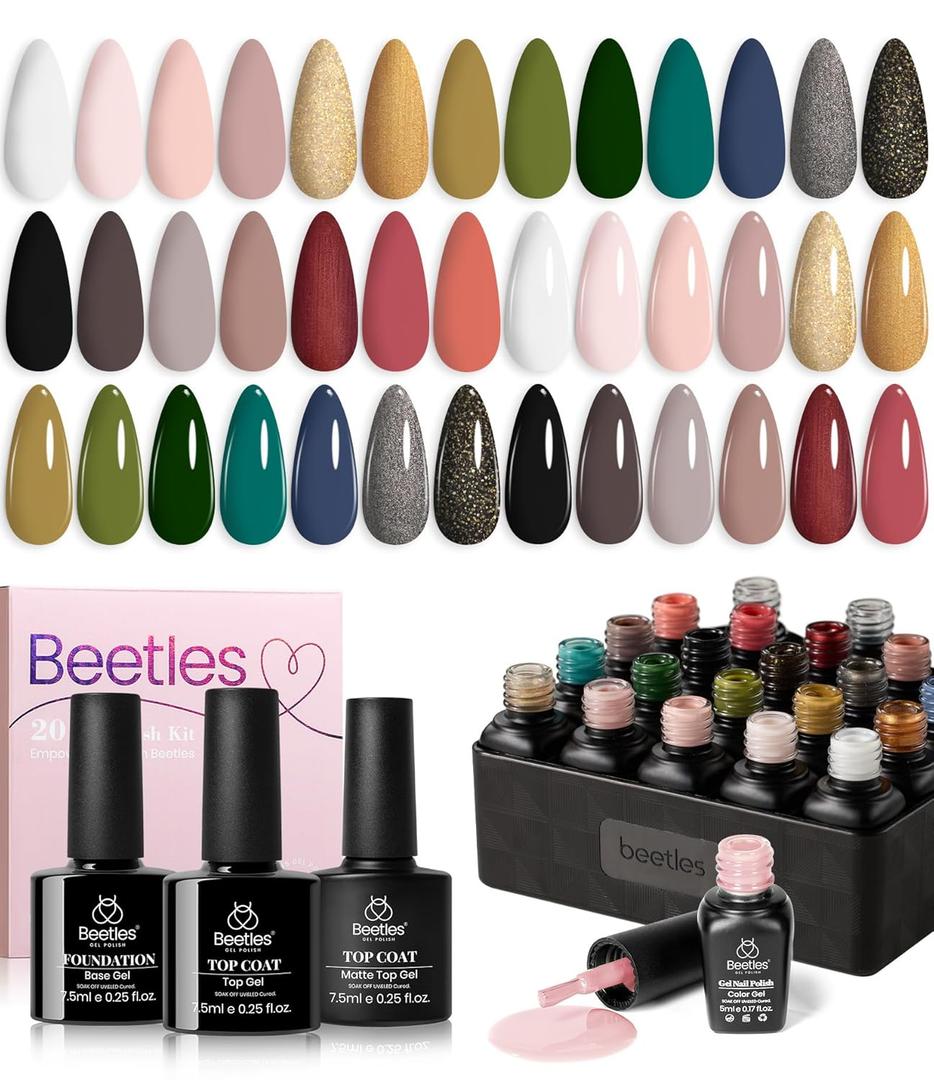 Beetles 23Pcs Spring Gel Nail Polish Kit with Base Gel Top Coat, Pink Nude Grey Green White Black Glitters Gel Polish Set Soak off UV Led Gel Nail Art New Year Gift for Girls Women Lucky Tarot (0 -0-20 Colors Lucky Tarot)