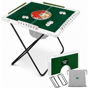 Folding Mahjong Table, 23.6" Square 4-Player Foldable Portable Game Table w/ Green Felt, Shuffle Hole, Tile Rack Grooves, Detachable Legs & Storage Bag for Indoor Outdoor Mahjong Domino Poker Puzzle