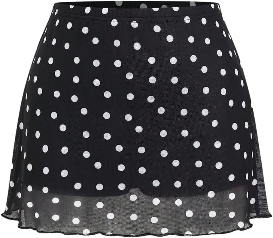 WDIRARA Women's Polka Dots Mini Skirt Vintage Mesh A Line Skirts with Shorts, Petite XS