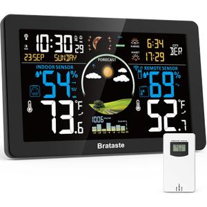 Weather Station Wireless Indoor Outdoor, Digital Thermometer with Remote Sensor, 7.5'' HD VA Display Home Weather Stations, Accurate Temperature Humidity Gauge with Weather Forecast, Atomic Clock (Black)