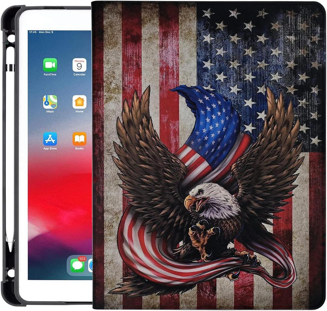 Slimshell Case for iPad 9th Generation/ iPad 7th 8th (10.2 Inch, 2021/ 2020/ 2019), [Built-in Pencil Holder] PU Leather Protective Stand Cover, Auto Wake/ Sleep, American Bald Eagle Flag