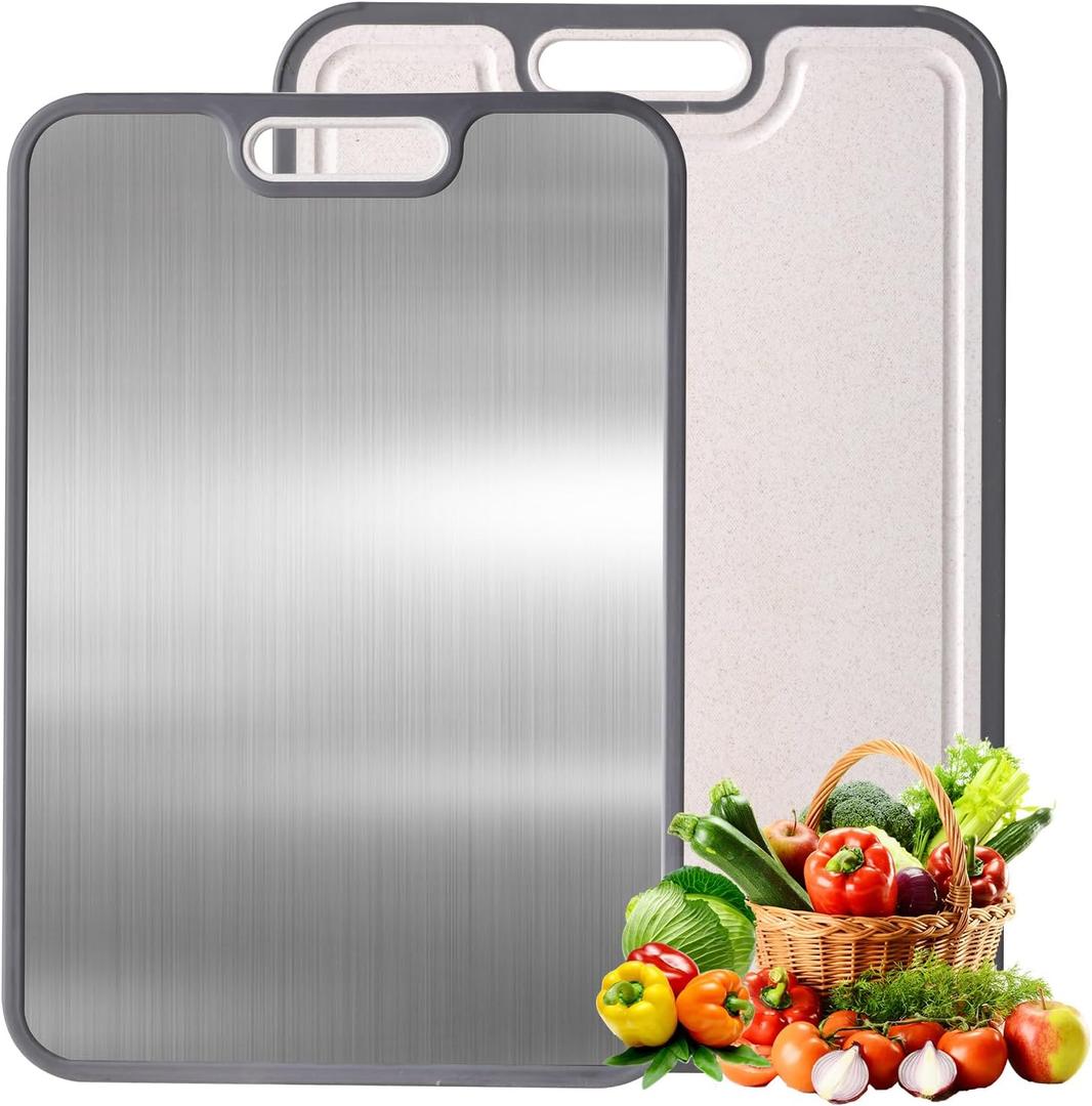 Stainless Steel Cutting Board for Kitchen, Cutting Board Double Sided Food Grade, 304 Stainless Steel/Wheat straw PP Large Board for meat,non toxic Chopping, Dishwasher Safe Size 15"10"
