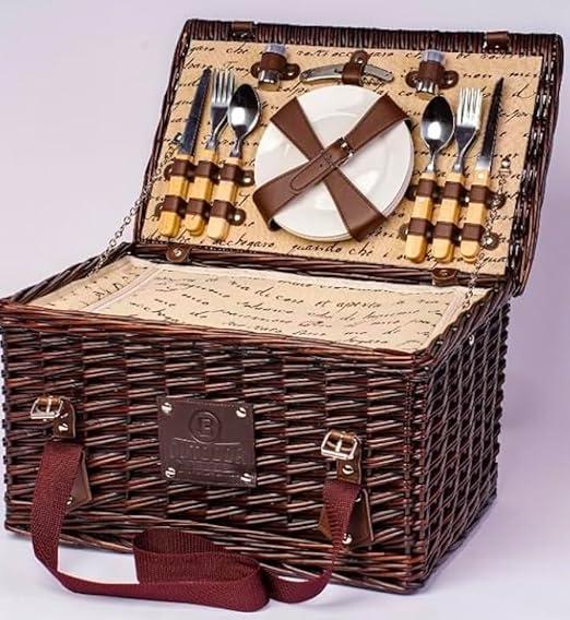 Elegantly Designed, and Carefully Hand Crafted Wicker Picnic Baskets. This Set for 4 Features: Dark Coffee Color Basket with Elegant Cream & Text Design with Cooler snap to Keep Open During use.