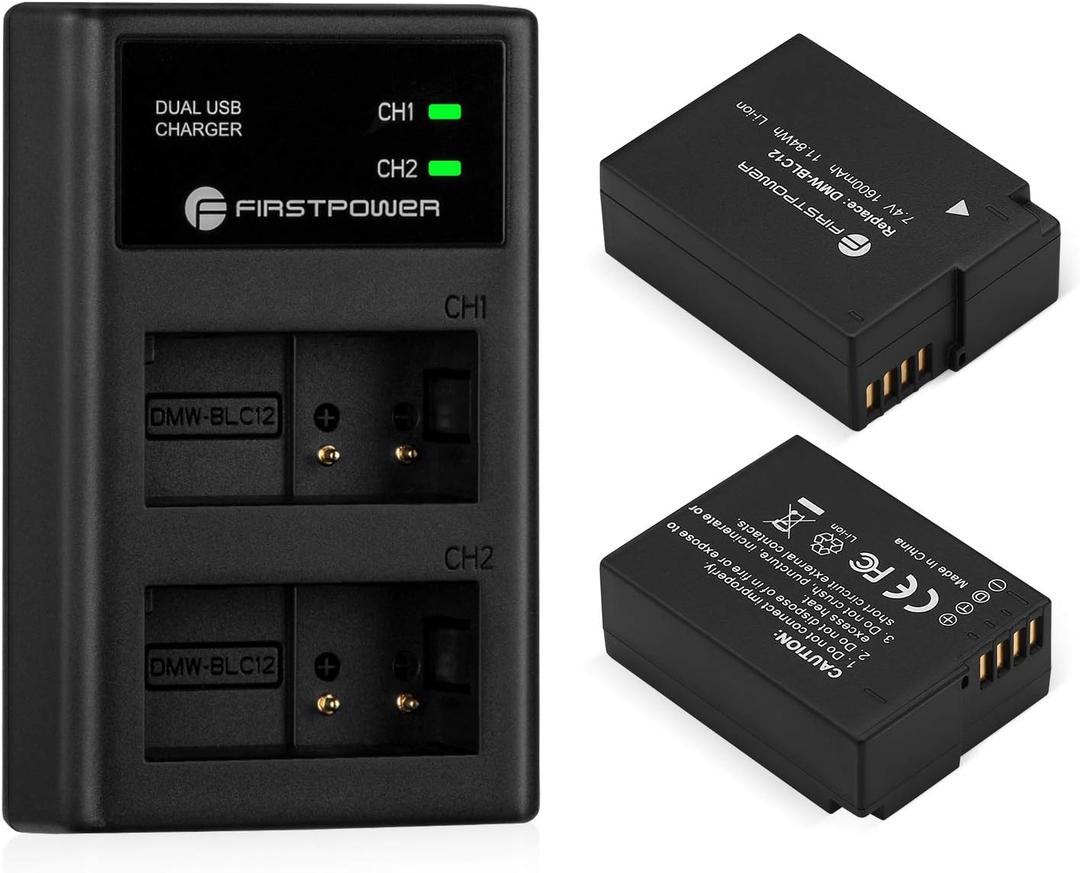 FirstPower DMW-BLC12 Battery and Dual USB Charger for Lumix G7, G85, G95, FZ1000, GH2, G5, G6, GX8, FZ200, FZ300 Cameras