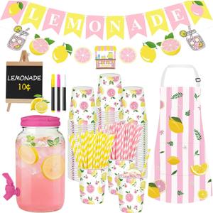208 Pcs Pink Lemonade Stand Supplies Kit Include 1 Gallon Plastic Drink Dispenser, Pink Yellow Lemonade Banner, 100 Cups with Straws, Waterproof Apron, Blackboard for Summer Lemon Stand Party Decor