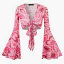For G and PL Women Tie Front Bell Sleeve Rave Crop Tops Floral Print Hippie Mesh Sheer Shirt. XL