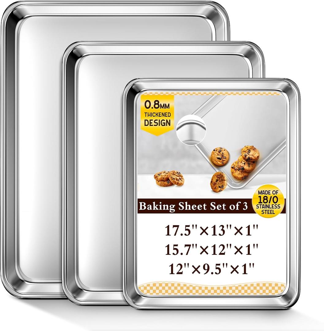Baking Sheet Set of 3, Commercial Grade Stainless Steel Cookie Sheets for Baking, 12/16/17.5 Inch, Thicker and Firmer Baking Pans Set, Rust & Warp Resistant & Nonstick, Nontoxic&Heavy Duty&Easy Clean