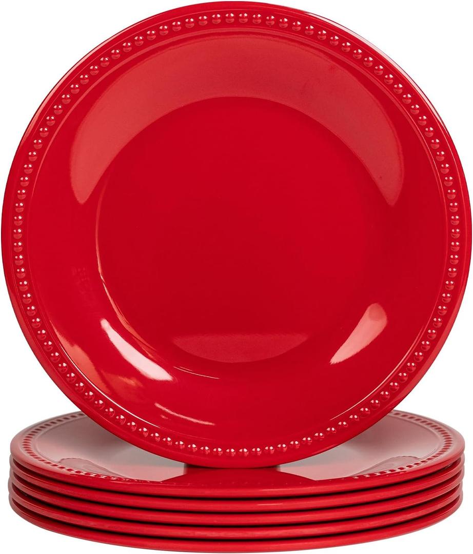 Melamine Beaded Dinner Plate Set of 6, 100% Pure Melamine, BPA Free, Chip & Break Resistant, Lightweight, Great for Dining, Weddings & Everyday Meals, Red, 11in