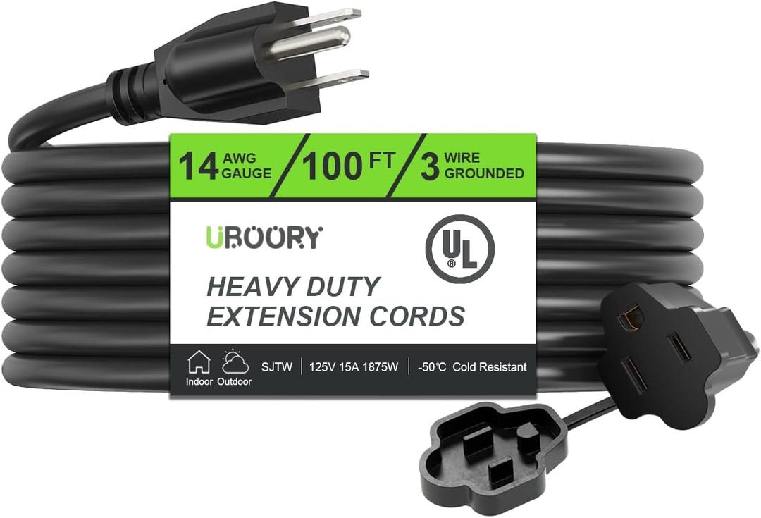 Outdoor Extension Cord Waterproof 100 FT, Black 14/3 SJTW Heavy Duty, Flexible 100% Copper 3 Prong Extension Cord for Lawn, Garage,UL Listed