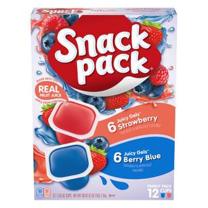 Snack Pack Strawberry and Berry Blue Flavored Juicy Gels Cups, 3.25 oz., 12-Count Family Pack (EXP 07/19/26)