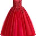Little Big Girl Flower Tulle Dress Princess Pageant Birthday Party Wedding Formal Floor Long Dance Evening Maxi Gown (Red)