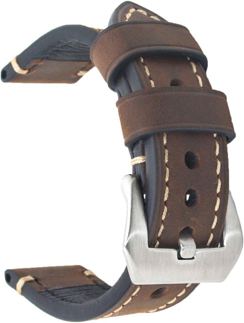 Dark Brown 20mm Genuine Leather Wristwatch Watch Band Oil Tan Vintage Strap for Men with Stainless Buckle