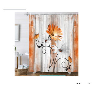 Rustic Farmhouse Shower Curtain, Farm Orange Daisy Floral Fall Flowers and Butterfly on Country Wooden Autumn Shower Curtain for Bathroom, Yellow Grey Gray Red Gold Curtain with 12PCS Hooks, 70X70IN
