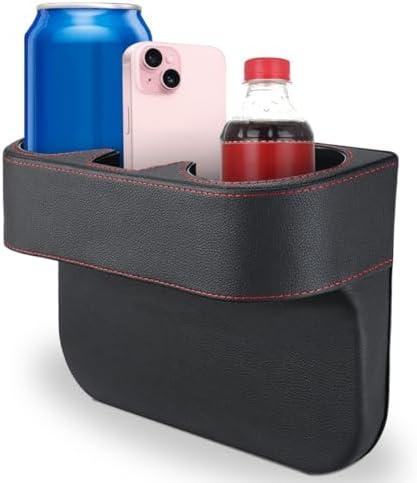 Car Cup Holder, Auto Front Seat Organizer, Multifunctional Cup Drink Holders with PU Leather Cover, Gap Filler Storage Box Coin Bucket Console Side Pocket Cell Mobile Phone Holder (Black)