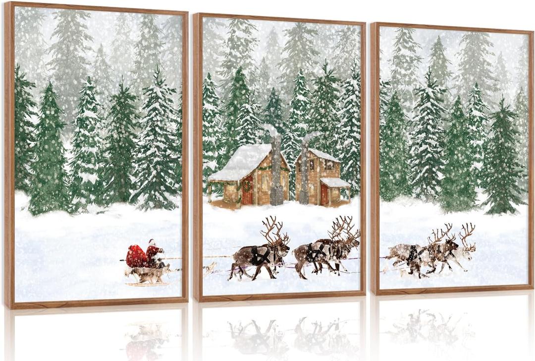 CHDITB Santa Claus Reindeer Sleigh Framed Canvas Wall Art(12"x16"), 3 Panels Christmas Winter Holiday Artwork Prints, Large Rustic Xmas Gift Snow Scene Forest Landscape Decor for Home Office Bedroom