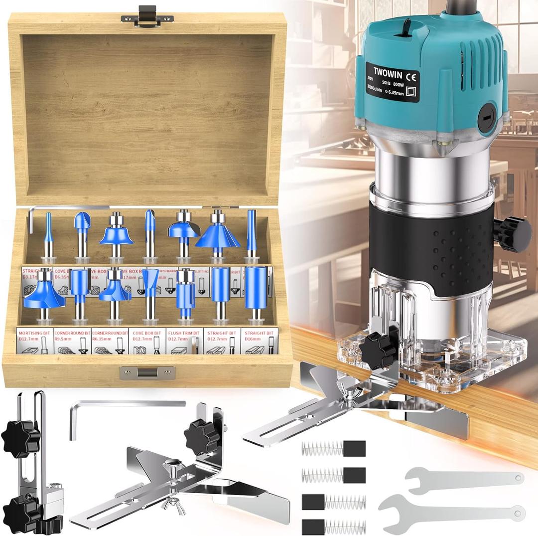 TwoWin Router Tool, 110V 800W Compact Wood Router Tool for Woodworking, Electric Hand Trimmer 1/4" Collets Palm Wood Router Tools Laminate Trimmer + Tungsten Carbide Router Bits 15-Piece Set