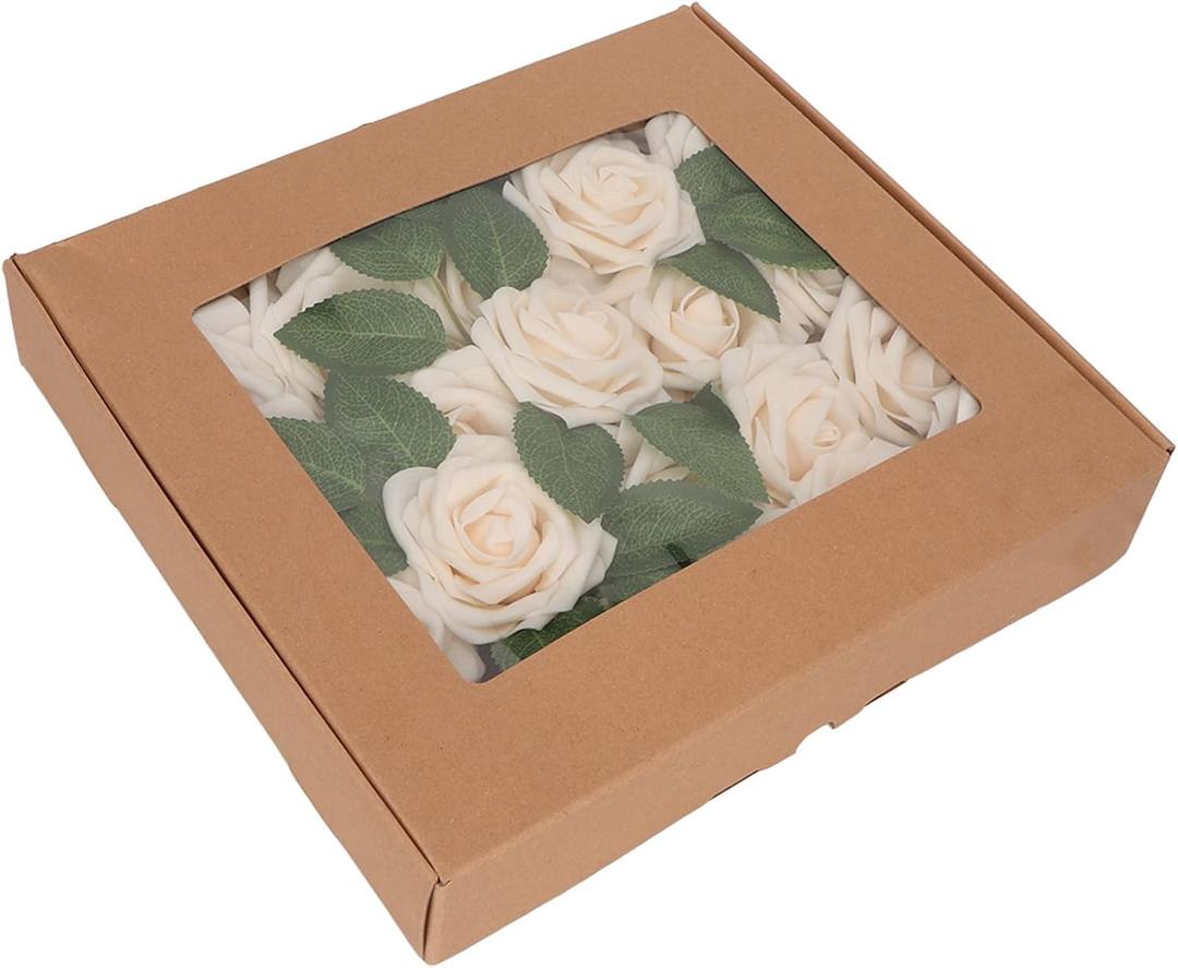 Artificial Flowers, 25pcs Real Looking Fake Rose with Stems Leaves, Foam Rose, Soft Fake Roses for Party Wedding Decoration, Centerpieces Arrangements Party (Champagne)