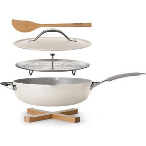 Tramontina All-in-One Plus Pan Set, 5-Quart Ceramic Non Stick Cooking Pan with Lid, Steamer Insert, Bamboo Utensil and Trivet, White