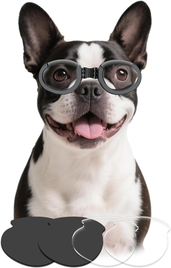 Namsan Clear Dog Goggles Medium Breed, with Black Replaceable Lenses, Interchangeable Doggie Sunglasses for Small to Medium Dogs, Summer UV Dog Eye Protection, Adjustable Doggy Snow Goggles