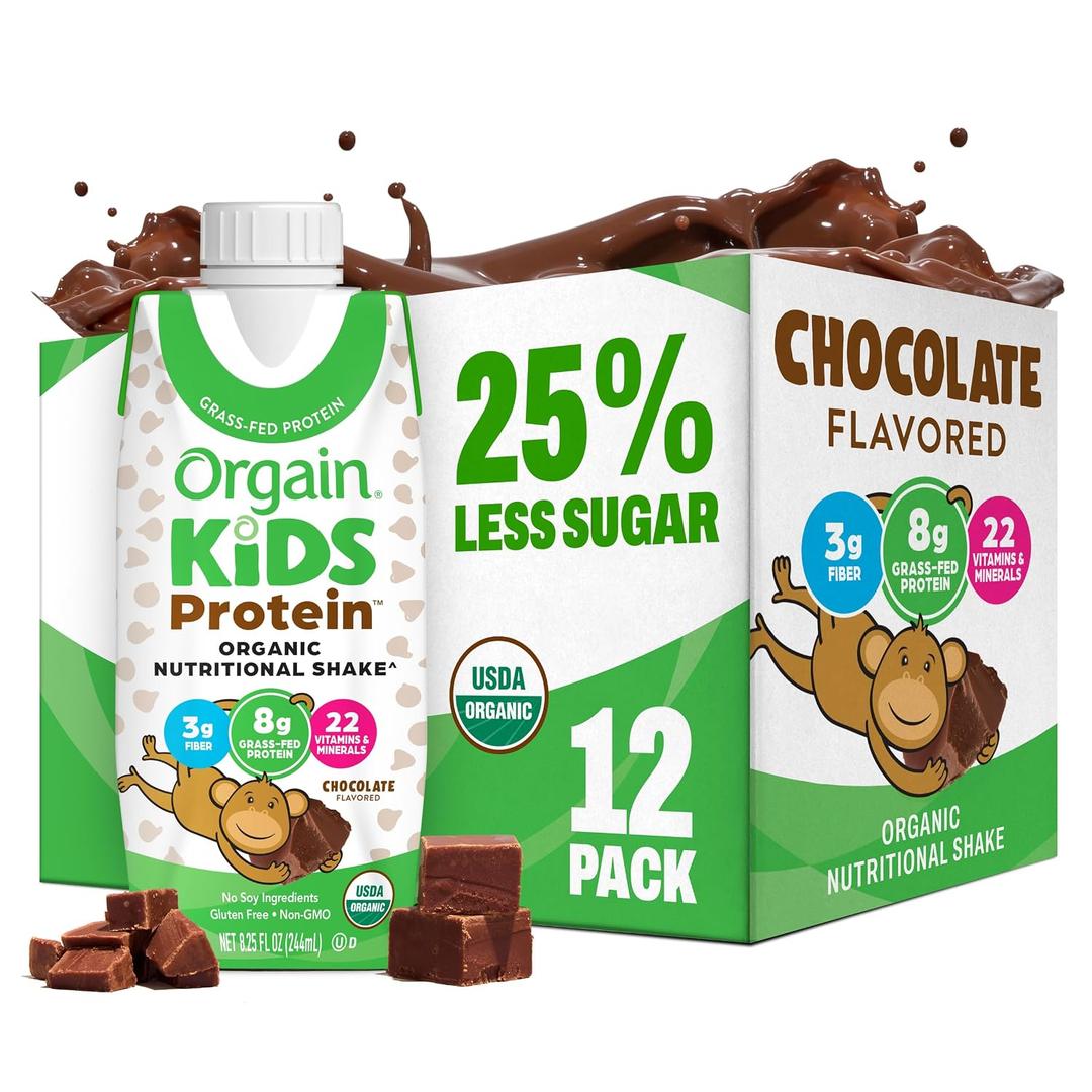 Orgain Organic Kids Nutritional Protein Shake, Chocolate, Healthy Kids Snacks, 8g Dairy Protein, 3g Fiber, 22 Vitamins & Minerals, No Soy Ingredients, Gluten Free, Non-GMO, 8.25 Fl Oz (Pack of 12) (EXP 08/05/25)