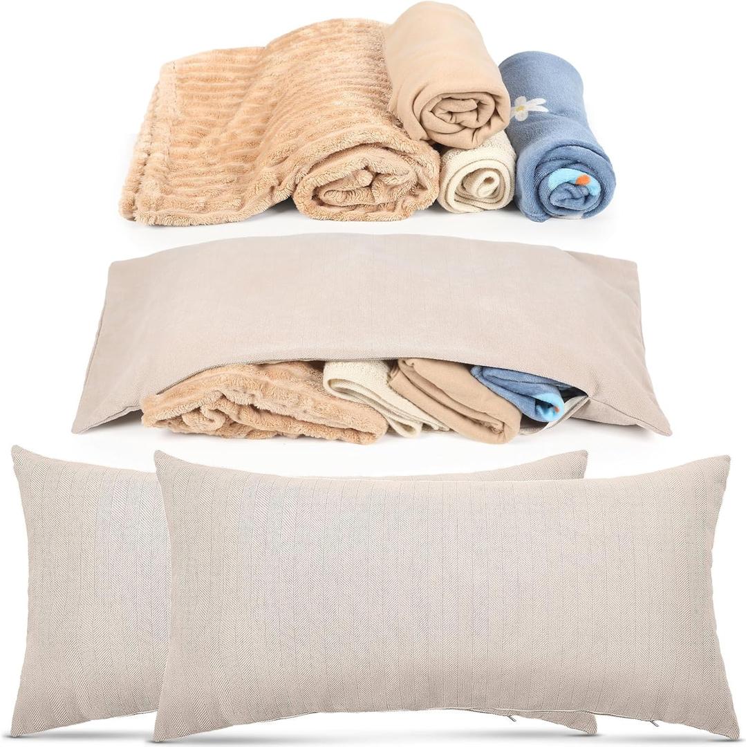 2 Pcs XL Storage Case Pillow 40'' x 20'' RV Organization Accessories Metal Zippered Rectangle Chenille Couch Throw Pillowcases Storage Cover Boho Light Brown for Couch Sofa Bed Home Decor