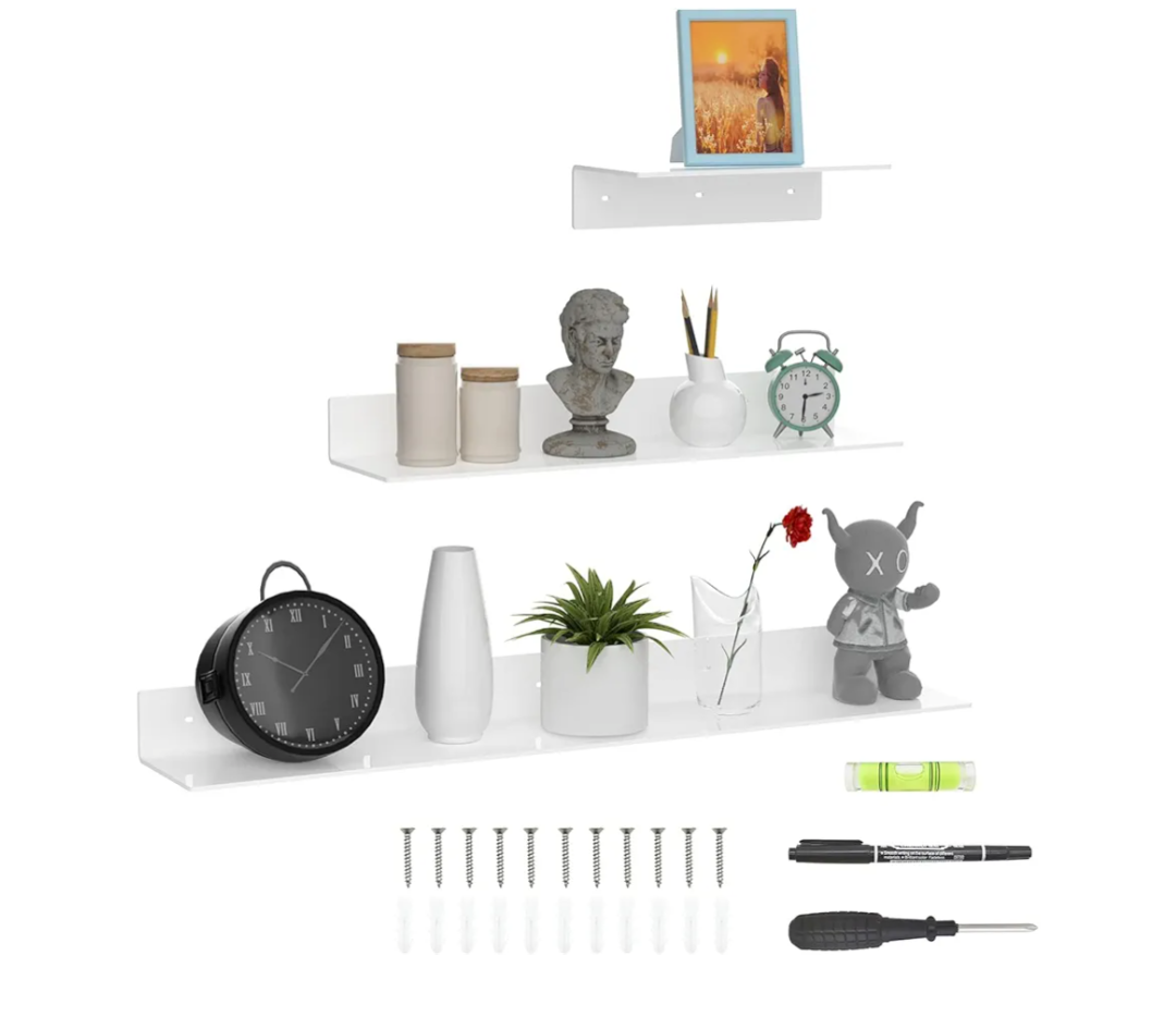 12 24 36 Inch White Wall Shelves, Long Shelf for Wall, Wide Acrylic White Floating Shelf for Living Room, Bedroom, Bathroom, Office