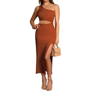 Pink Queen Women's One Shoulder Sleeveless Cutout Side Slit Bodycon Maxi Long Dress (Brown, Small)