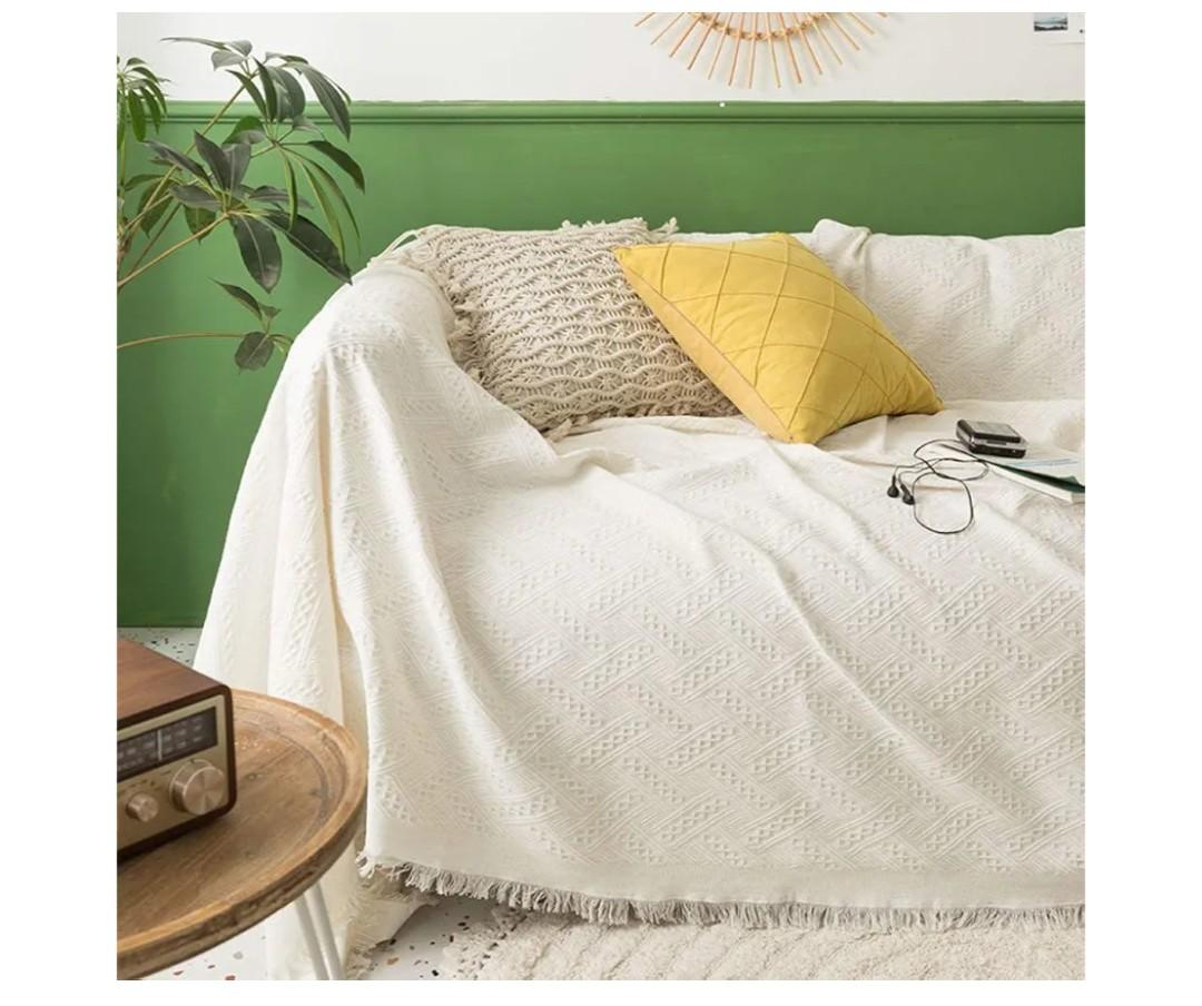 WJXBoos Throw Blankets for Couch,Solid Color Blanket with Tassels,Cozy Cotton Woven Knitted Herringbone Pattern Sofa Slipcover Bed Chair Towel Home Decor-White 180180cm