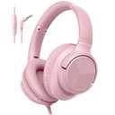 Botesty Sound Wired Headphones with Microphone, Over Ear 3.5mm Plug in Headphones with 4.9ft Tangle-Free Nylon Cord for Tablet, Laptop, MP3/4, School, Airplane Travel (Pink)