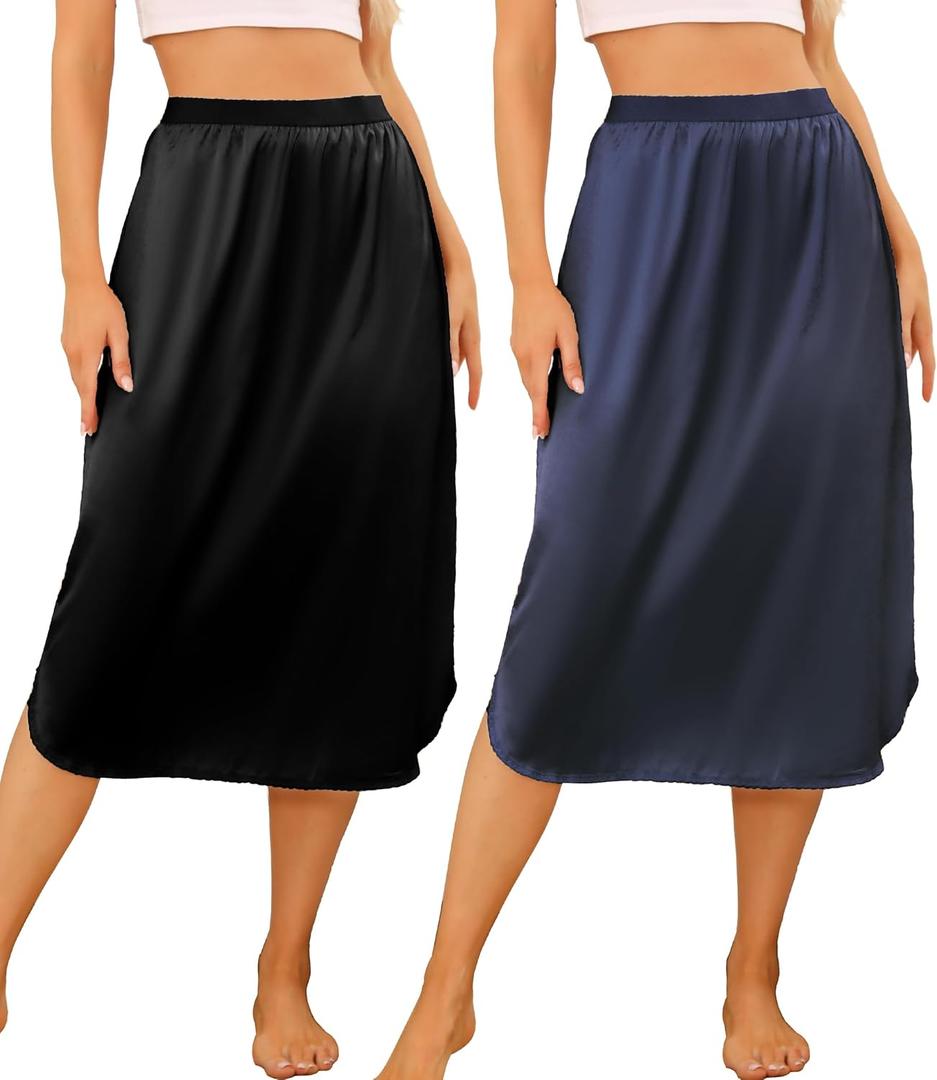 Wikoan 2 Pack Half Slip for Under Dresses Lace Long Satin Underskirt Women's Half Slip Anti Static Skirt Extender, Navy & Black, XL