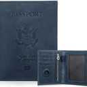 CONTACTS Full Grain Leather Passport Holder RFID Blocking Travel Passport Wallet Compatible with Airtag Passport Cover Case with 4 Card Slots, Coin Pocket (US Passport Stamp, Blue)