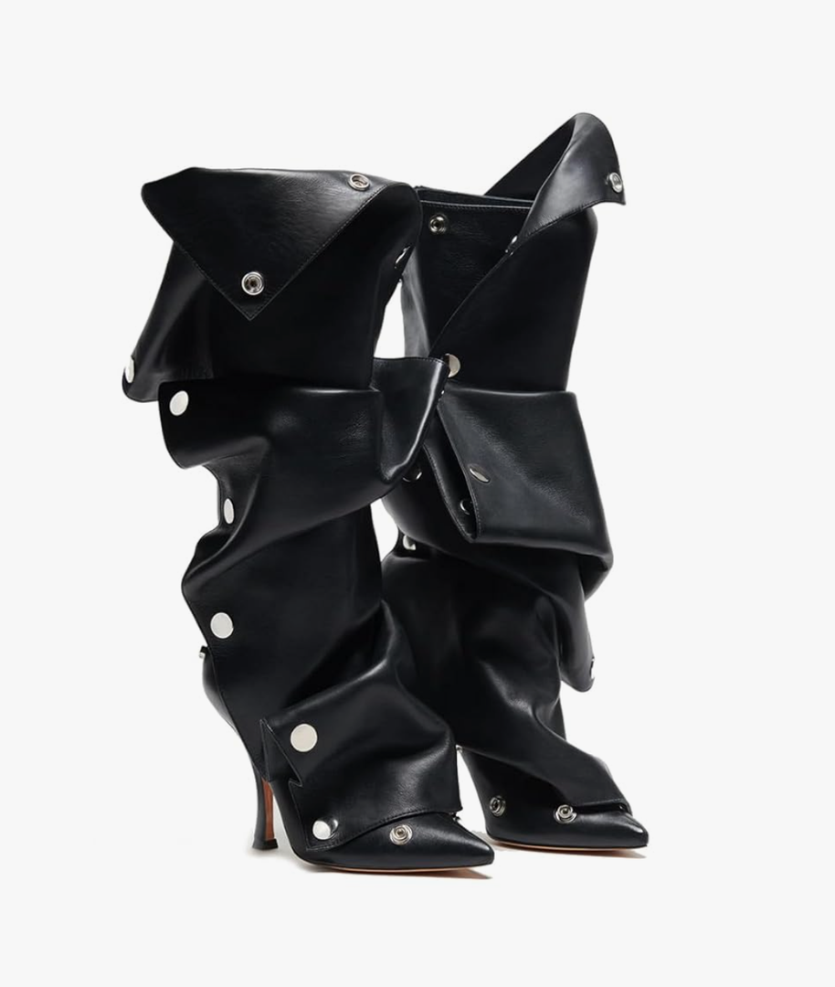 VOMIRA Women's Knee High Boots Stiletto Boots Pointed Toe High Heels Wide Calf Ruched Slouchy Boots Detachable Snap-off Panel Mid Calf Boots Black Boots Size 6.5