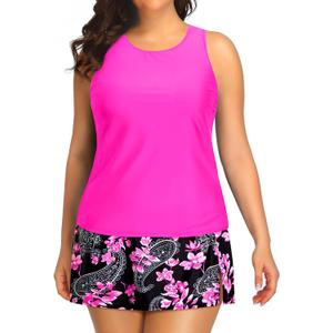 Plus Size Tankini with Skirt - Two Piece Swimsuit for Women Tummy Control Bathing Suit High Neck 2025 Swimwear (Pink)