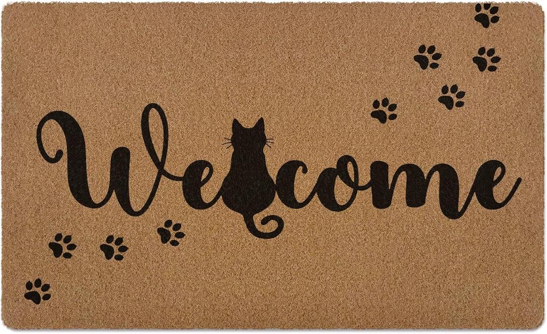 Cute Black Cat Paws Door Mat, Funny Welcome Front Door Mat Indoor Outdoor Entrance, Rustic Artificial Coir Doormat Rugs for Cat Lovers Owners Porch Entry Patio Kitchen Decor 30x17in