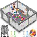 Foldable Playpen for Babies and Toddlers: 71" L x 59" W x 27" H(External Dimensions), Large Kids Play Yard, Portable for Indoor and Outdoor Play Area, Baby Gate with 50PCS Ocean Ball, 4 Handles (Grey Without Mat)