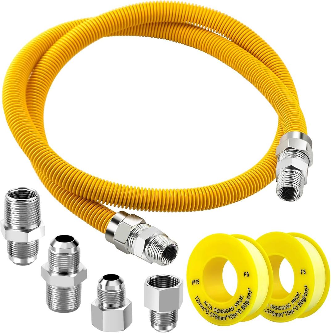 Puxyblue [2025 NEW] 48" Flexible Gas Line Kit for Dryer Stove Range Flexible Stainless Steel Gas Dryer Kit - 5/8" OD(1/2" ID) Dryer Gas Line with Connector 3/4" FIP & 1/2" MIP & 3/4" MIP Fitting