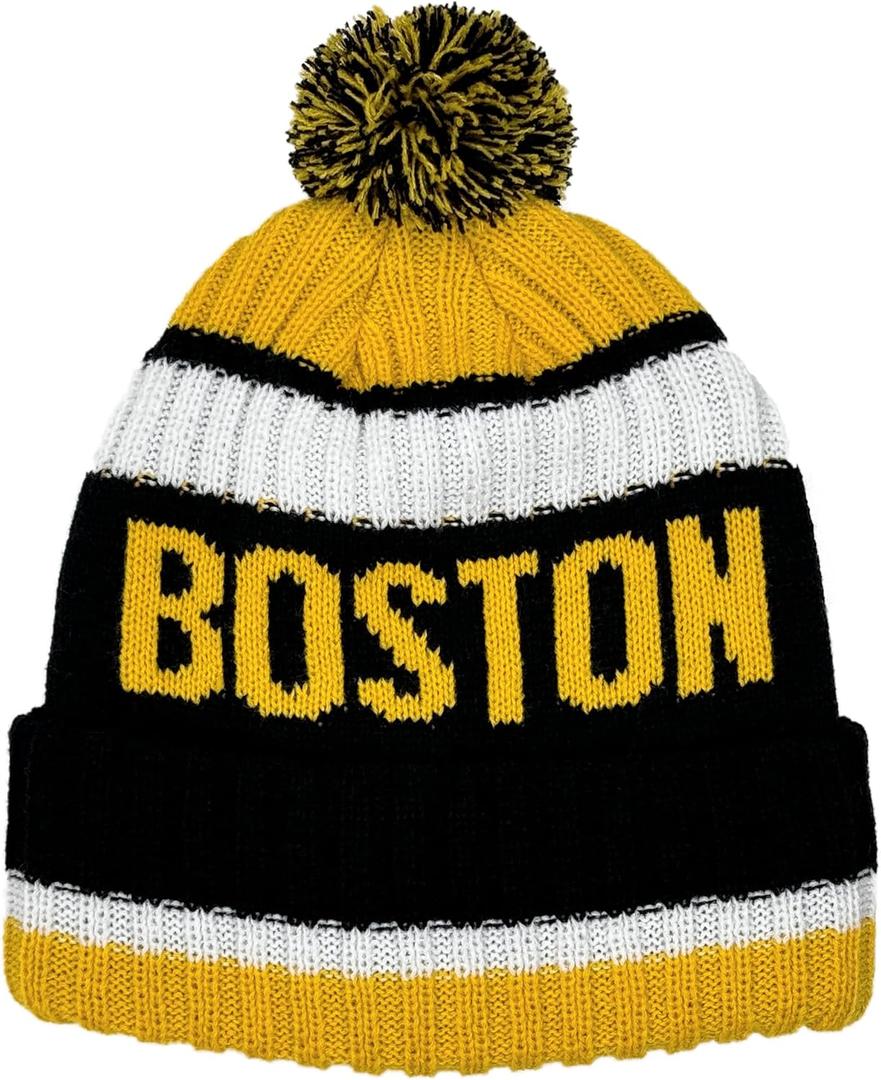 City Beanie Knit Hat with Pom Winter Cuffed Cap Sport Fans Gift for Men Women