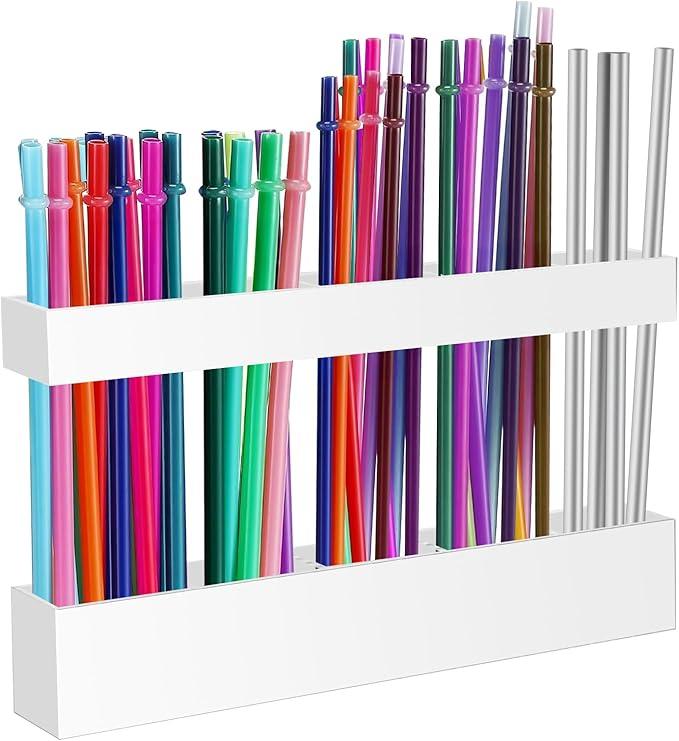 9.5” Large Acrylic Straw Holder for Cabinet Door - Reusable Tumbler Straw Organizer Storage, Small Kitchen Accessories Container, Ultra Sticky Cupboard Door Mounted (White)
