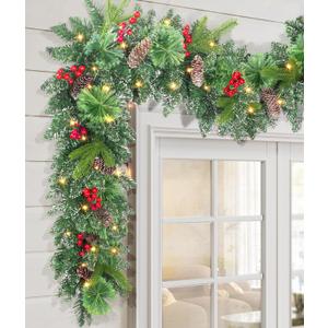 LAVEVE Pre-lit Christmas Garland 9FT with 100 Warm Lights, Battery Operated Xmas Garland with Long Snow Cedar Cones & Red Berries, Christmas Decoration for Mantle, Fireplace, Stair Railing, Porch (Snow Tipped Pine)