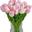 20pcs Pink Faux Tulips Flowers Fake Flowers Bouquets 13.5" Mother's Day Easter ValentineS Day Gifts in Home Kitchen Wedding Dining Table Decorations Aesthetic No Odor